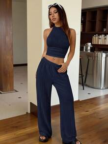 SHEIN EZwear Conjunto informal de 2 piezas de mujer de punto en azul marino - Azul Marino - Ver 3