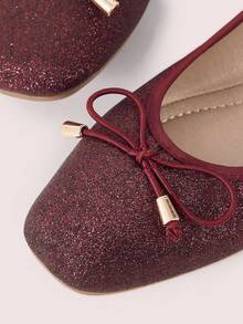 CUCCOO DOLLMOD Fashionable Shiny Comfortable Bow Tie Burgundy Flat Shoes For Christmas - Burgundy - View 8