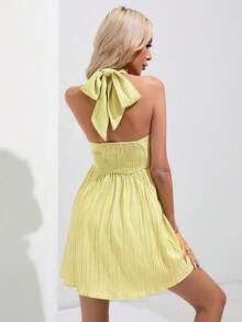 SHEIN VCAY Đầm Lộ Lưng Xù Buộc lại Dải chun màu trơn Giải trí - Màu vàng - Xem 2