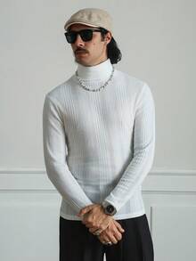 Manfinity Homme 男士白色高领保暖修身T恤，采用纹理弹力面料，更贴合身形，适合所有人穿着，经典必备单品。冬季男士长袖上衣 - 白色 - 查看 7