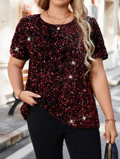EMERY ROSE Women's Round Neck Short Sleeve Shiny Sequin Casual Loose Fitted T-Shirt