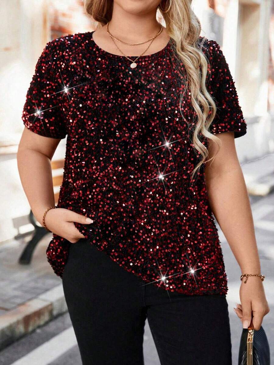 Women's Round Neck Short Sleeve Shiny Sequin Casual Loose Fitted T-Shirt - Multicolor - View 1