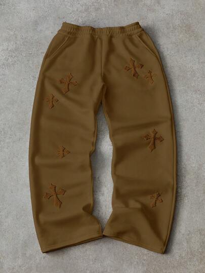 PAVTROS Men's Street-Style Popular INS Matching Cross Embroidered Full-Print Casual Sweatpants, Outdoor Music Festival, Nightclub Bar, Boyfriend/Husband Gift, Anniversary Gift, White Loose Fit Brown Pants Cross Pants Brown Sweatpants