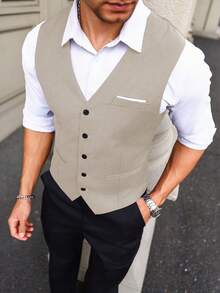 Manfinity Mode Men's Solid Color V-Neck Single-Breasted Casual Vest Men Waist Coat Men Dress Vest Waistcoat European Style Clothes Men - Apricot - View 3