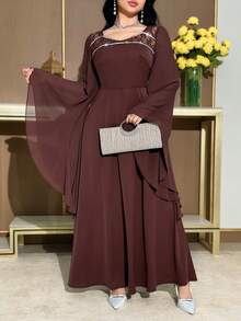 Modelyn Gaun Pesta Elegan Wanita dengan Hiasan Renda dan Lengan Mengembang - Coklat - View 7