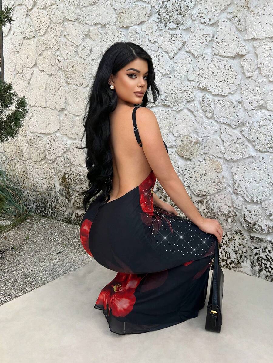 SHEIN SXY 性感印花露背无袖夏季吊带连衣裙