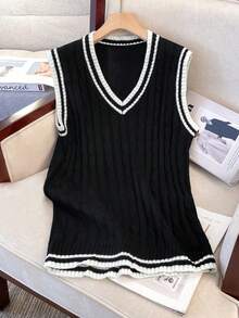 Manfinity Joysei Contrast Striped Trim V-Neck Cable Knit Casual Sweater Vest For Men, Fall Winter - Black - View 1