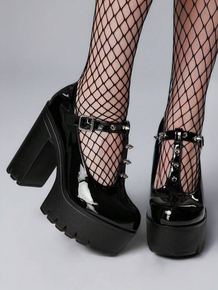 ROMWE Goth Casual Minimalist Black Thick Heel Platform Pumps For Women For Christmas Y2K 2000s Style - Black - View 1