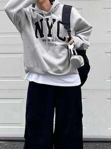 Manfinity Dauomo 加大码男士极简印花长袖连帽衫 - 灰色 - 查看 4