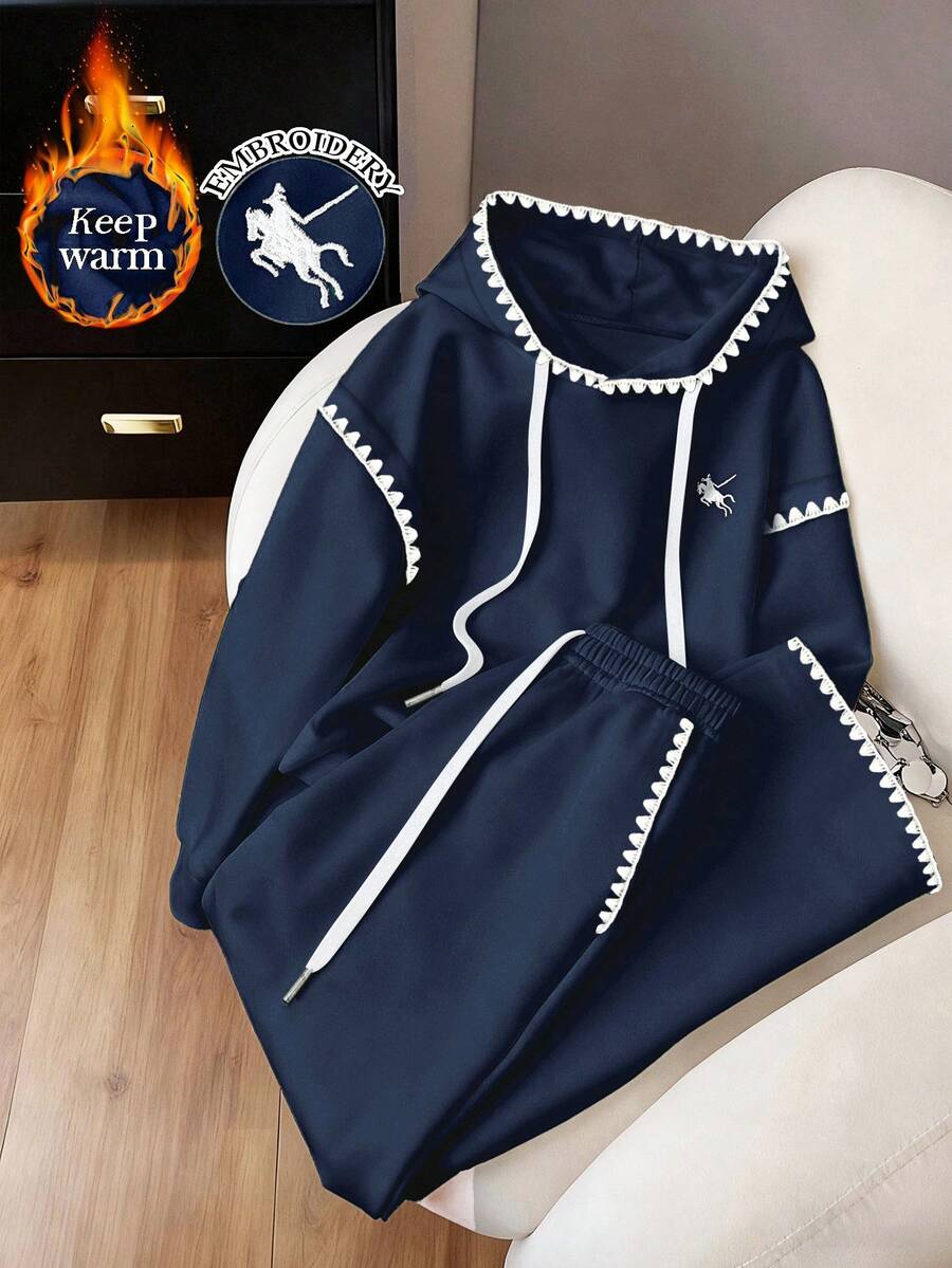 两件套黑色刺绣边饰女士卫衣套装 - 寶藍色 - 查看 1