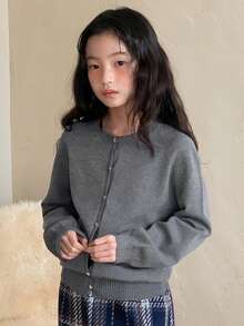DAZY Tween Girl Fall/Winter New Loose Fit Gray Cardigan Sweater For Girls - Grey - View 5