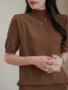 Women's Casual Solid Color Turtleneck Short Sleeve Knit Top, Autumn - Coffee Brown - View 3
