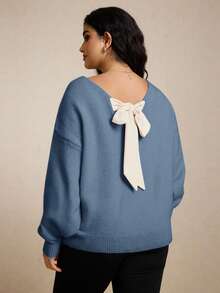 CosyJoli 大码休闲V领蝴蝶结系带宽松套头毛衣 - 霧霾藍 - 查看 4