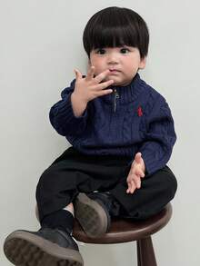 DAZY Áo len tay dài dáng rộng thêu họa tiết đơn sắc phong cách Hàn Quốc cho bé trai mới biết đi - Màu xanh hải quân - Xem 5
