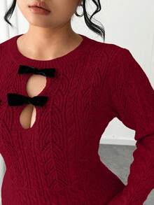 SHEIN Elenzya 女士纯色蝴蝶结优雅派对毛衣连衣裙 - 紅色 - 查看 6