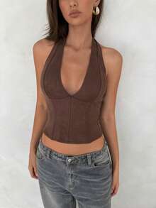 Aloruh Women's Brown Textured Knit Crew Neck Long Sleeve Fitted Sweater, Autumn/Winter - Brown - View 6