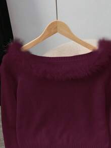 Franclia 时尚纯色拼接毛领毛衣，秋冬款 - 酒紅色 - 查看 4