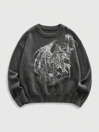 Street Life Suéter holgado informal con gráfico de personaje de anime oscuro, de caída de hombros para hombres, otoño/invierno