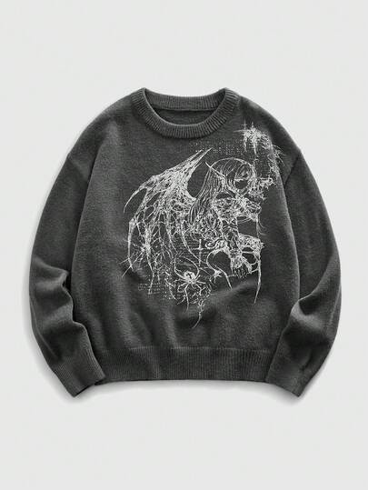 Street Life Men's Loose Fit Dark Anime Character Graphic Drop Shoulder Pullover Sweater, Autumn/Winter