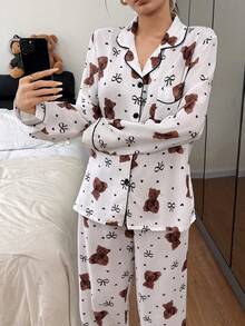 SHEIN 泡泡皱褶熊蝴蝶结印花长袖睡衣套装，女士泰迪熊睡衣套装，女士睡衣，熊印花睡衣，熊睡衣 - 白色 - 查看 7