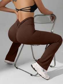 Easithlete Seamless Sports Yoga Flare 7/8 Leggings, High Waist Tummy Control Ruched Back, Moisture Wicking, Suitable For Fitness, Outdoor, Running, Cycling, Fashionable & Sexy Brown Flared Pants Boot Cut Yoga Pants Brown Legging Ribbed Leggings Flared Leggings Brown Yoga Pants - Coffee Brown - View 3