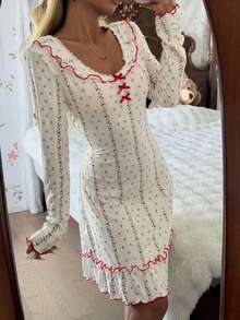 SHEIN Romantic Women's Short Dress With Floral Pattern, Bow Decor And Ruffle Hem Long Sleeve Nightgown, Winter - White - View 5