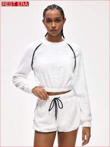 Rest Era Women's Raglan Sleeve Fluffy Top And Drawstring Waist Shorts Lounge Set, Winter Clothes - White - View 3