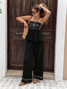 Serisse 女士花卉刺绣弧形下摆吊带背心和裤子两件套，度假风 - 黑與白 - 查看 6