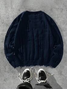 Manfinity EMRG Men's Solid Color Crew Neck Long Sleeve Distressed Sweater, Autumn/Winter - Royal Blue - View 2