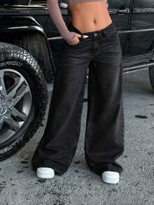 SHEIN PETITE LOW WAIST WIDE LEG DENIM JEANS - Dark Wash - View 3