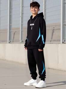 Vacaura 2pcs/Set Teen Outdoor Casual Sports BOSTON Letter & Lightning Graphic Hoodie Sweatshirt + Sweatpants Set, Autumn/Winter Fall - Black - View 1