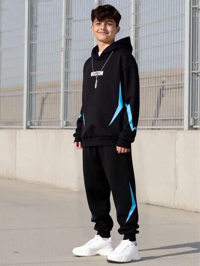 Vacaura Set de 2 piezas con sudadera con capucha y pantalón de chándal con gráfico de letra BOSTON y rayo para adolescentes para uso casual y deportivo, otoño/invierno