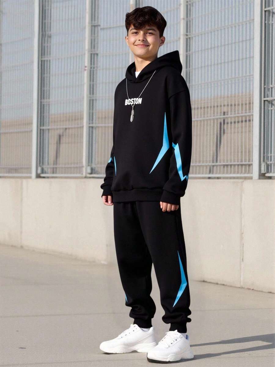 Vacaura 2pcs/Set Teen Outdoor Casual Sports BOSTON Letter & Lightning Graphic Hoodie Sweatshirt + Sweatpants Set, Autumn/Winter Fall - Black - View 1