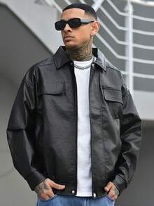 Devon Thys Men Flap Detail Zip Up PU Leather Jacket, For Fall Winter, Grunge - Black - View 1