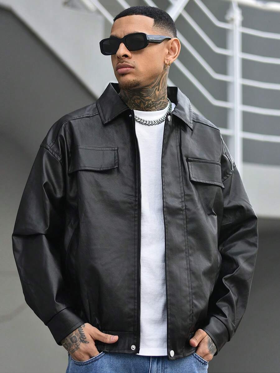 Devon Thys Men Flap Detail Zip Up PU Leather Jacket, For Fall Winter, Grunge - Black - View 1