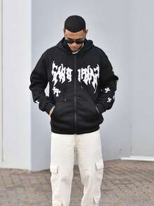 Devon Thys 男式黑色街头时尚图案印花前拉链连帽运动衫，带保暖内衬 - 黑色 - 查看 5