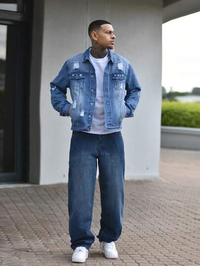 Devon Thys 男士破洞牛仔夹克，韩版时尚翻领复古水洗牛仔夹克，秋季