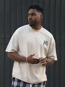 Heavens Edit 男士标语图案落肩T恤，秋季 - 杏色 - 查看 5