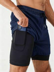 Manfinity Fitness 男友风格男士抽绳腰部二合一运动弹力短裤，带手机口袋健身短裤男友风格男士短裤男友风格男士篮球短裤洗手液学校