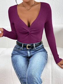 SHEIN Frenchy 秋冬季扭结前片罗纹针织毛衣 - 中紫紅色 - 查看 3