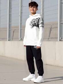 Vacaura 2 件套青少年男童虎纹休闲连帽衫和裤子套装，秋冬 - 黑與白 - 查看 1