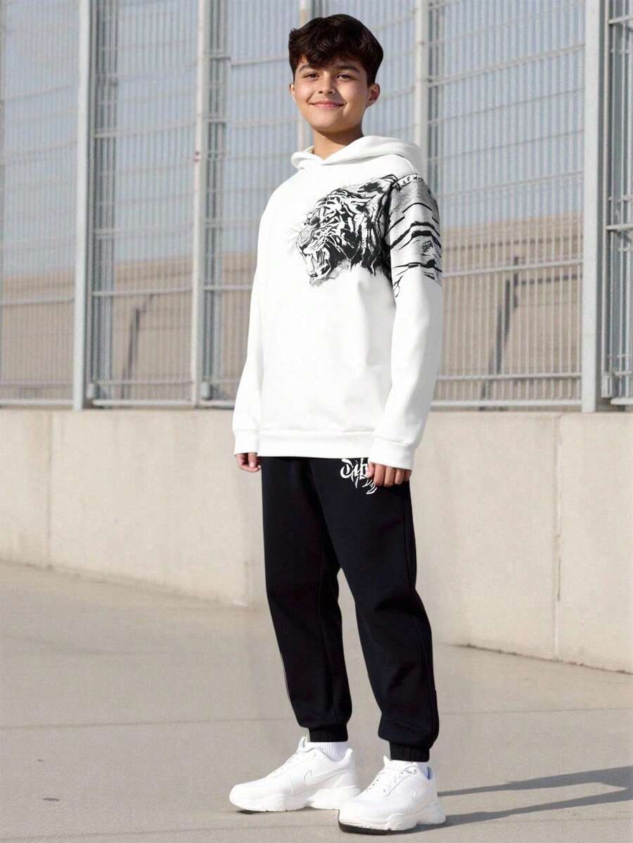 Vacaura 2 件套青少年男童虎纹休闲连帽衫和裤子套装，秋冬 - 黑與白 - 查看 1
