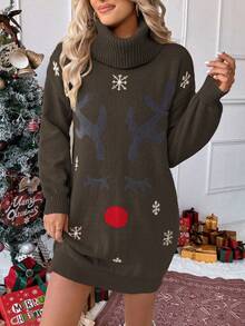 EMERY ROSE Fashionable Oversized Deer Pattern Turtleneck Lantern Sleeve Loose Casual Mid-Length Sweater Dress, Chic Christmas Vibe, Autumn/Winter - Multicolor - View 3