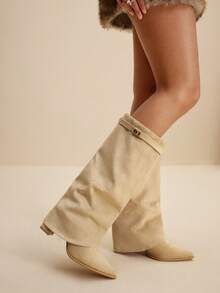 Daringsoles Women's Fashion Commuter Chunky High Heel Knee-High Boots For Christmas - Apricot - View 9