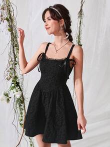 SHEIN MOD Solid Knot Detail Jacquard Cami Dress,Black Jacquard Mini Dress, Square Neck, Flare Skirt, Wide Strap, Party, Wedding, Textured Fabric, Ribbon Tie Detail, Elegant, Sleeveless, Classic, Evening, Summer, Floral, Vintage, Youthful, Statement, Soft, Women, Chic, Fit And Flare - Black - View 5