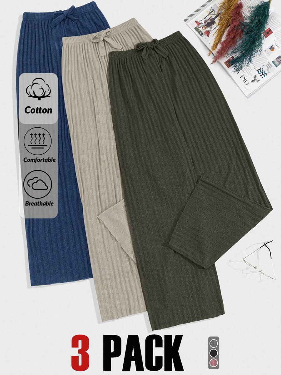 EURMUSE 100%Cotton 3 Pcs Solid Knit Pant Set Cotton Blend Pants Comfortable Pants Ribbed Knit Pants - Multicolor - View 1
