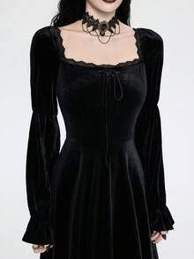 Women's Gothic Elegant Lace Trim Velvet Ruffle Collar Long Sleeve Loose Vintage Dress - Black - View 5
