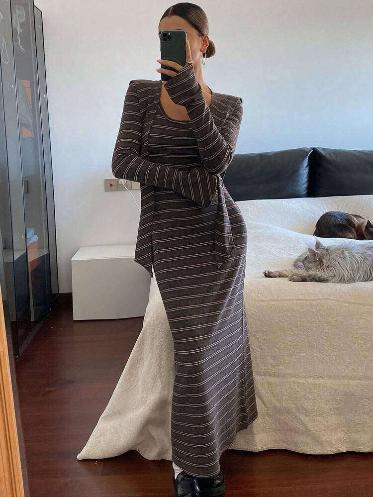 Casual Striped Color Block Midi Dress With Shawl Scarf Set, Fashion Street Style, Suitable For Autumn, Spring, New Year, Christmas, Women