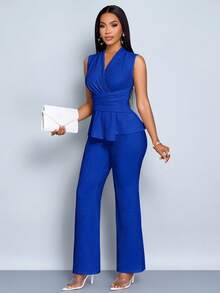 SOLERSUN 女款杏色优雅V领长袖T恤阔腿裤两件套不对称下摆两件套日常休闲女装春夏无袖短袖 - 寶藍色 - 查看 4