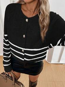 EMERY ROSE 新款宽松条纹圆领针织开衫，宽松舒适，版型显瘦，柔软舒适套头毛衣 - 黑色 - 查看 7